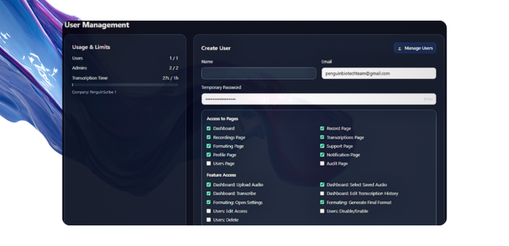 Penguin Scribe admin controls interface