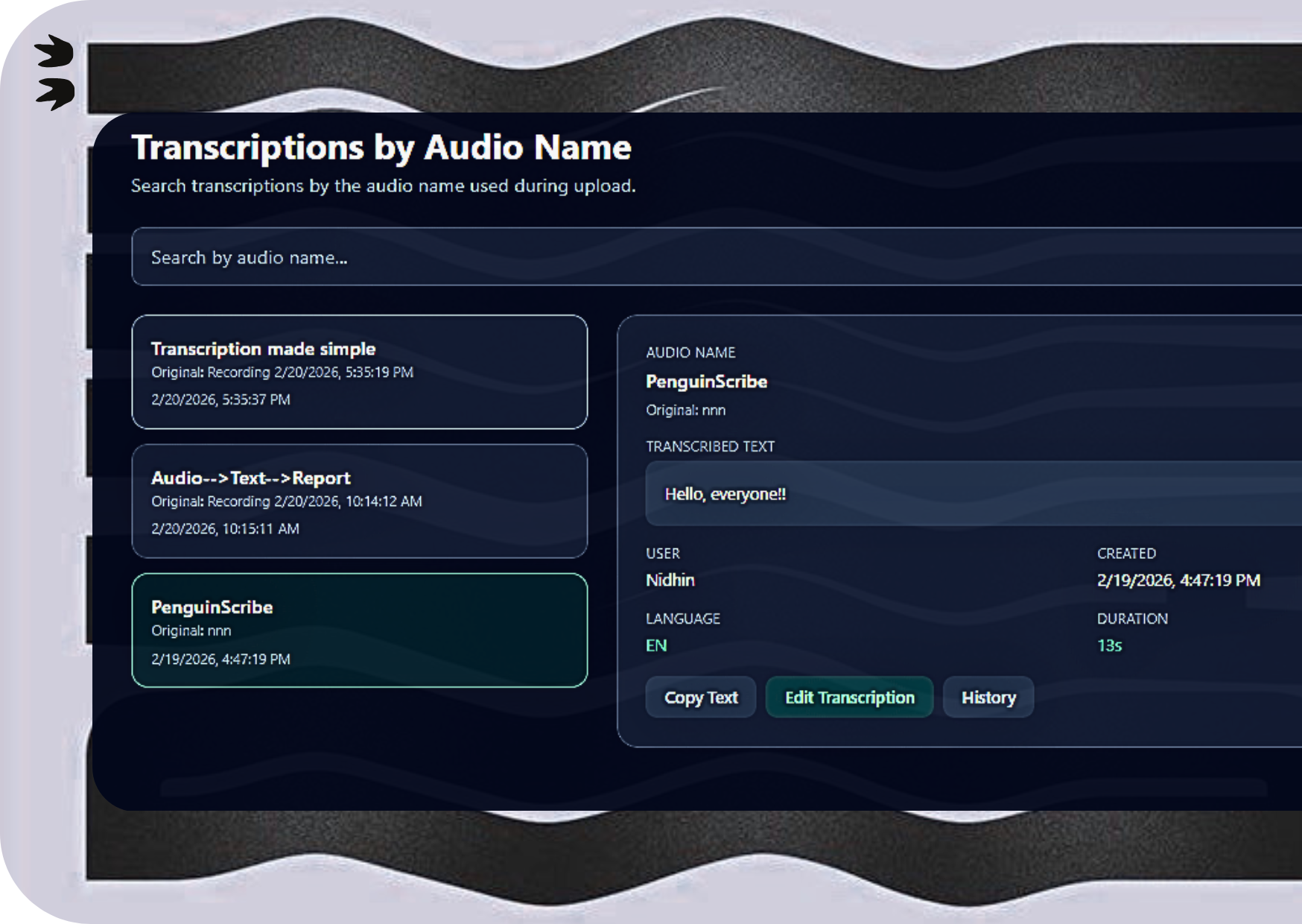Penguin Scribe transcription interface